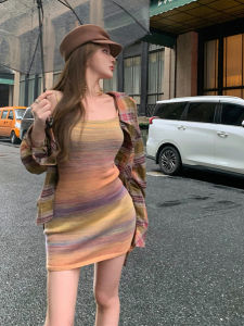 GUZILIAN | Fashionable Rainbow Striped Knitted Set For Women With Belt Vintage Plaid Loose Shirt One Shoulder Design Commute Style Long Sleeve