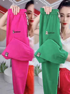 กางเกงขายาวทรงหลวมเอวสูงผ้าฝ้ายผสมโพลีเอสเตอร์ผสมสีน้ำตาลสำหรับผู้หญิงในช่วงฤดูร้อน กางเกงขายาวทรงหลวมสบายๆ สไตล์ลำลอง