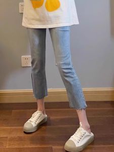 High Waist Straight Leg Jeans Womens Summer Thin Cotton Elastic Casual Blue Denim Pants Slimming Eighteen Small Size