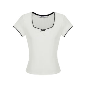 Fano Stylish Simple Color Block Lace Narrow Bow Tie Square Collar Short Sleeve Womens T-shirt Summer Slim Fit Korean Style