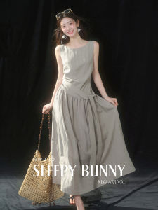 Breathable Round Neck Tied Waist Dress Linen and Lyocell