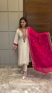 UCs Meher Premium Chinnon Mirror Work Kurti Set | Embroidered Pant + Fendy Silk Dupatta