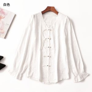 Womens Cotton Shirt Floral Embroidery Button Mid-Length Long Sleeve V-Neck Breathable Commute Style Autumn Fashion