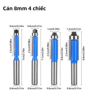 Bộ Dao Phay Tạo Hình 4 Cái Cán 8mm Đầu Phẳng Có Bạc Đạn Làm Từ Cacbua Vonfram Dùng Cho Việc Phay Mẫu Gỗ