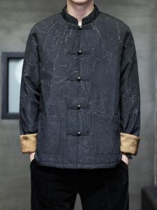 New Chinese Style Thickened Long Sleeve Cotton Jacket Mens Hanfu Autumn Winter Floral Embroidery Oversize Outerwear Coat