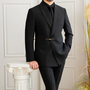Wedding Banquet Host Commuter Black Shawl Collar Fitted Suit