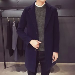 Áo Khoác Nam Dài Bằng Cotton Chất Liệu Len Pha Kiểu Dáng Công Sở Lịch Lãm Ôm Dáng Chống Gió Màu Trơn Cổ Trụ.
