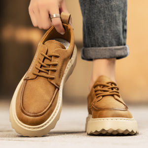 Mens Casual Low-Top Thick-Heeled Work Shoes Autumn Winter Retro Style Soft Bottom Leather Shoes Comfortable All-Season Footwear