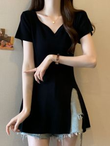 plus Size Womens Knitted Short Sleeve T-Shirt V-Neck Split Regular Fit Summer Fashion Commute Style Korean Version Slimming Top