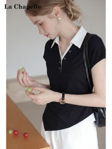 La Chapelle | Contrast Color Slimming Fake Layered Regular Shoulder Tee Shirt