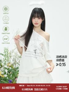 ELEVEN SLEEP Summer White Short Sleeve T-Shirt Womens Original Print Asymmetrical Shoulder Unique Match All Cotton Top