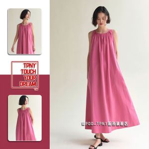 GanLai Long Dress Summer New Pleated round Neck Rose Red Dress Womens Loose Slimming off-Shoulder Sleeveless High-Grade Long Dress Trendy Party Wedding Party Dress Holiday Dress
