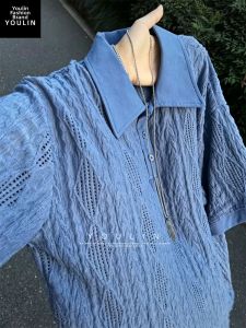 YOULIN | Misty Blue Hollow-out Breathable Polo Shirt