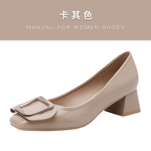 หนัง เวอร์ชันภาษาฝรั่งเศส เรียบหรู รองเท้าส้นสูงพร็อพ ผู้หญิง 2024 ใหม่ ฤดูใบไม้ผลิ หัวเข็มขัดหัวเหลี่ยมด้าน หนัง รองเท้าแบบสวม