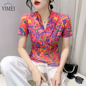 YIMEI Đẹp Quảng Châu Phụ Nữ Của T-Shirt 2023 Thời Trang Mới Mùa Hè Thời Trang Hai Lớp Áo Lưới Ngắn Tay Bó Sát Áo Phông In Hình Áo Phong Cách Hoài Cổ Phụ Nữ