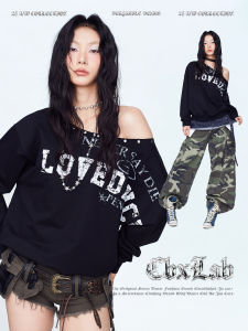 CBXLAB Street Dance Trendy Black Shoulder Angle Spicy Girl Rivet Long Sleeve Hoodie Jazz Street Slim Personality Top Women