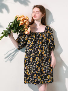 Miccbeirn | Silk Floral Print Dress Womens Puffy Sleeve Micro Pleated Light Maturity Flower Color Five Sleeve Mulberry Silk Doll Dress