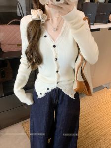 GUZILIAN | Chic V-neck Knitted Short Cardigan Slim Fit Base Shirt Inner Wear Top Small Size Sweater Coat Autumn Winter Womens Fashion