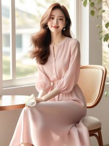 ชุดเดรสยาวคอวีแขนยาวสีชมพูสไตล์ฝรั่งเศสสำหรับผู้หญิงในช่วงต้นฤดูใบไม้ผลิ ชุดหวานๆ สไตล์เรียบง่ายและสง่างาม
