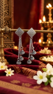 [SG] Cascading Bell Drop Earrings | Oxidised Silver Triple Jhumka Chain Earrings | Indian Festive Long Drop Earrings | ear me out (EMO-309)