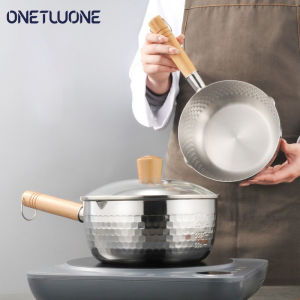 Onetwone 18cm pot 430 stainless steel noodle pot with glass lid Complementary food pot Japanese style milk pot with long handle Induction and gas cooker