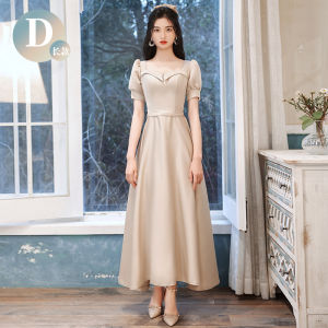 Champagne Color Maids of Honor Gown Satin Long Evening Graduation Dress for Women Simple Elegant Korean Style Floral Embroidery