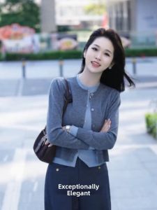 Gray Two-Piece Look Short Knitwear Sweater
