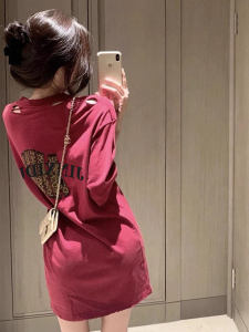 Pink Dress Women Summer Sporty Casual Mid-Length T-Shirt Dress Korean Style round Neck Short Sleeve Cotton Polyester Blend