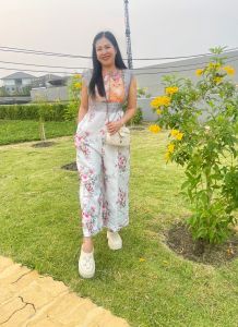 P007-069 Woven Print Sleeveless Crew Neck Jumpsuit, Regular Fit, Pockets on Side, Long Wide Legs