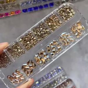 12Grids 3D Gold/Champagne Nail Art Rhinestones Mixed-Shapes Flat-Back Glass Diamonds Nails Charms Luxury DIY Manicure Decoration