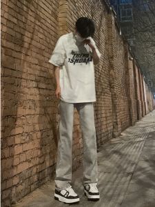 Retro American Vibe Mens Jeans Spring Autumn Trendy High Street Smokey Grey Washed Slim Straight Leg Cotton Denim Jeans