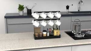 Coffee Cup Holder with 16 Movable Hooks Two Tier Coffee Mug Holder Cup Organizer with Storage Base Multipurpos Countertop Storage Rack for Kitchen Office Coffee Metal Mug Rack