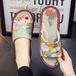Summer Chinese Style Print Home Linen Slippers Womens Indoor Couple Non Slip Beef Tendon Bottom Cotton Linen plus Size Slippers Men