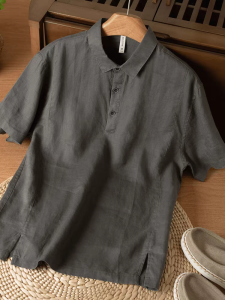 เสื้อยืดคอโปโลผ้าลินินแท้ระบายอากาศบางเบาสำหรับผู้ชาย ทรงหลวม ปกเสื้อแขนสั้น ทรงหลวม ทรงหลวม ทรงหลวม