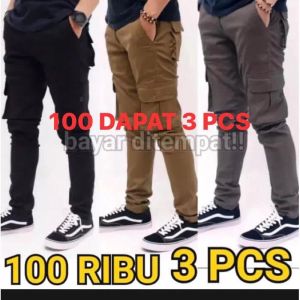 Paket Promo 100 Dapat 3 Celana Panjang Cargo Katun Strech  Rip Pinggang Karet Murah