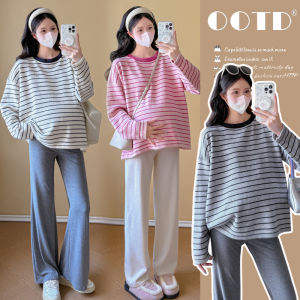 Maternity Round Neck Striped Loose & Slimming Pullover Sweater