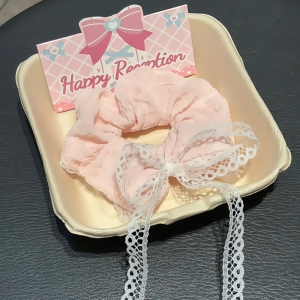 ริบบิ้นผูกผมลายผีเสื้อสีชมพูสไตล์เกาหลีสำหรับผู้หญิง ฤดูใบไม้ผลิและฤดูร้อน ริบบิ้นผ้าลูกไม้ ผูกผมหางม้าต่ำ ดอกไม้ตกแต่งผมนักเรียน