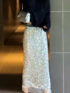 Silver Sequin Mini Skirt High Waist Bodycon Design Sensation Autumn 2024 Elegant Lady Commute Style plus Size Half-length Skirt