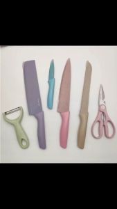 TS 6PCS Kitchen Knife Set Colorful Stainless Steel Cleaver Scissor Kitchen Ceramic Peeler Tools