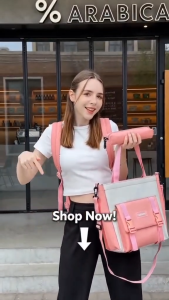ABC BAGS#2166 Trendy 4-in-116inch Women`s bag features large-capacity canvas backpack paired with matching accessories.