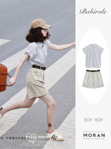 เสื้อเชิ้ตลายทางเรียบหรูสไตล์ฝรั่งเศสใส่แล้วดูผอมเพรียวเสื้อท่อนบนกางเกงขาสั้นเซ็ต2ชิ้นสำหรับคนตัวเล็กดูสูงชุดลำลองแฟชั่นใส่ช่วงฤดูร้อนสำหรับผู้หญิง