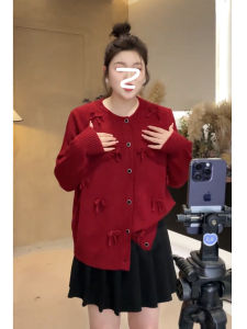 Áo Len Cardigan Dệt Kim Màu Đỏ Có Nơ Thắt Nút Cho Nữ Mùa Đông Thường Ngày Cổ Tròn Dài Vừa Phải Chất Liệu Khác Phong Cách Lười Biếng Giản Dị