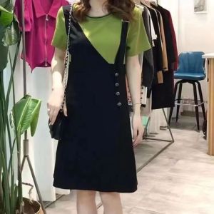 New Version Avocado Green Fake Two Piece Showing Slim Korean Style Dresses Lady Middle age Foreign Flavour Patchwork Short Sleeve Dress Women age reduction dress