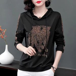 Autumn Plus Size Printing Hooded Long-sleeved T-shirt Womens T-shirt Casual Loose Top