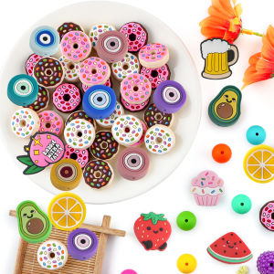 Sunrony New 6Pcs Donut Fruits Cake Silicone Focal Beads DIY Pen Keychain Bracelets Necklace Accessories For Jewelry Making