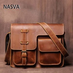 Men And Women Crazy Horse Cowhide Shoulder Messenger Bag Genuine Leather Retro Business Fashion Multifunction Large Capacity Sling Bag For Man NASVA