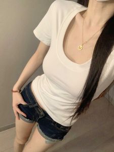 Comfortable White U-Neck Short Sleeve T-Shirt Womens Slim Fit Elastic Summer Top Fashionable Casual Cotton Blend Base Layer