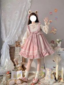 Original Autumn Winter Lolita Skirt Sweet Cute Princess Dress Big Kids Fake Two-Piece Set Color Block Pink Doll Collar A-Line Skirt