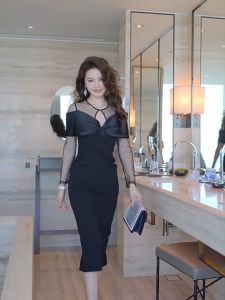 ZYHT eravogue đầm dự tiệc dạ hội váy dài quần áo nữ mùa thu đông mới Khí chất Pháp váy đen mỏng 10198