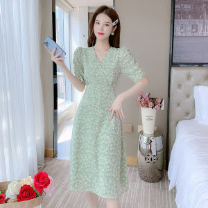 Floral V-Neck Waist-Cinching Dress Womens Summer New Gentle Style Long French  Personality Skirt High Waist A-Line Dress